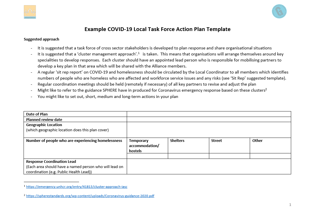 Image of the front cover of the example COVID-19 local task force action plan template